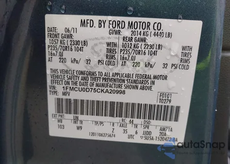 2012 Ford Escape Xlt из США, поврежденный, VIN 1FMCU0D75CKA20998